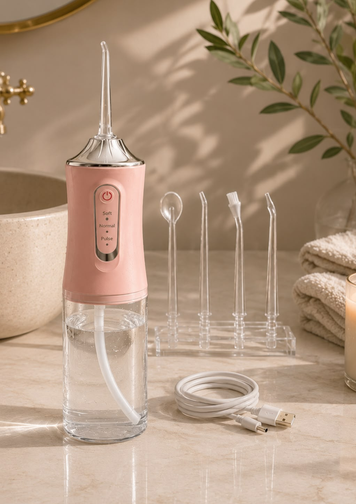 Purely Her Sanctuary Portable USB Oral Irrigator in pink with four nozzles and USB charging cable
