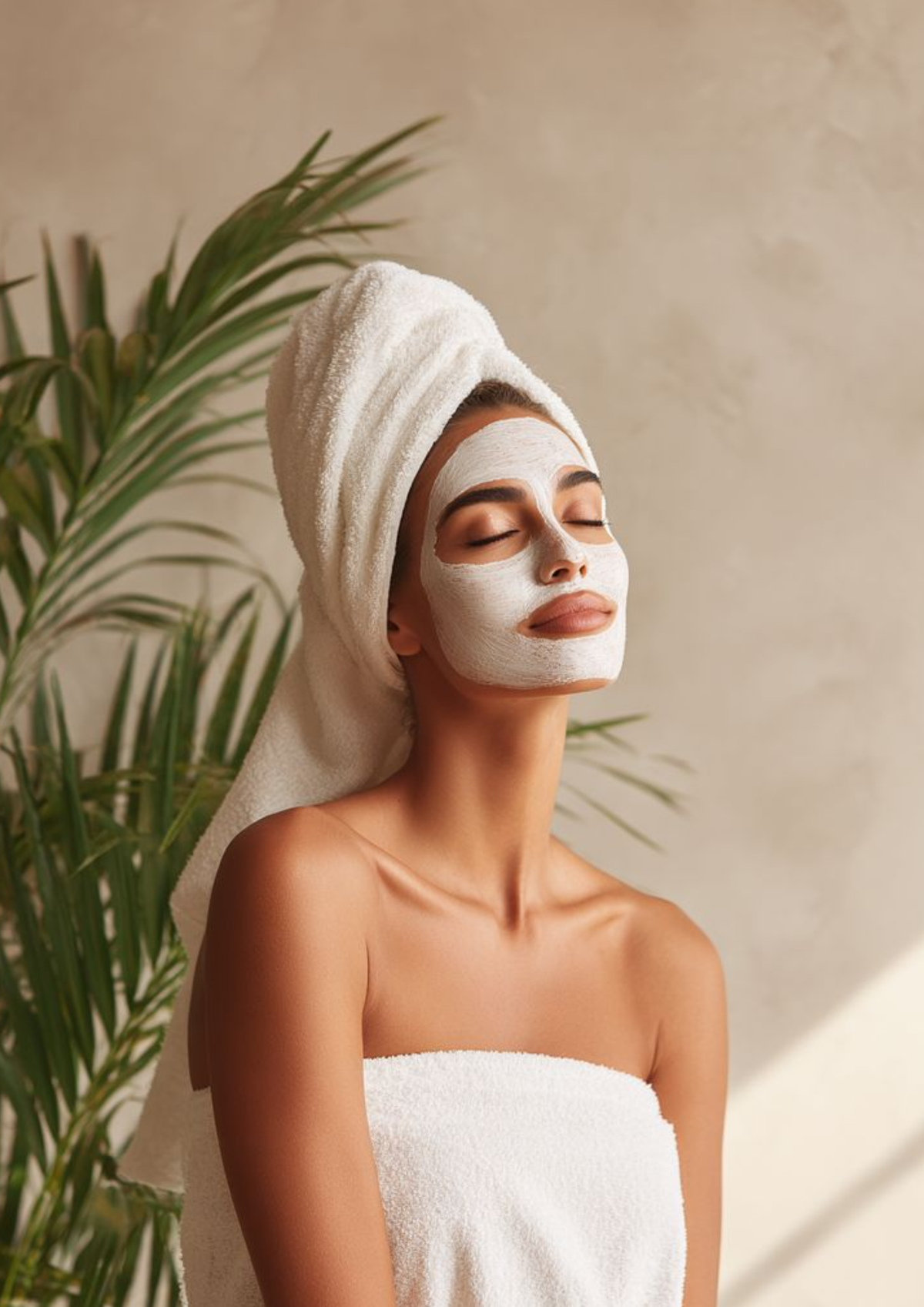 Woman relaxing in a towel and face mask, a skincare ritual with the Purely Her Sanctuary Refined Electric Facial Cleansing Brush