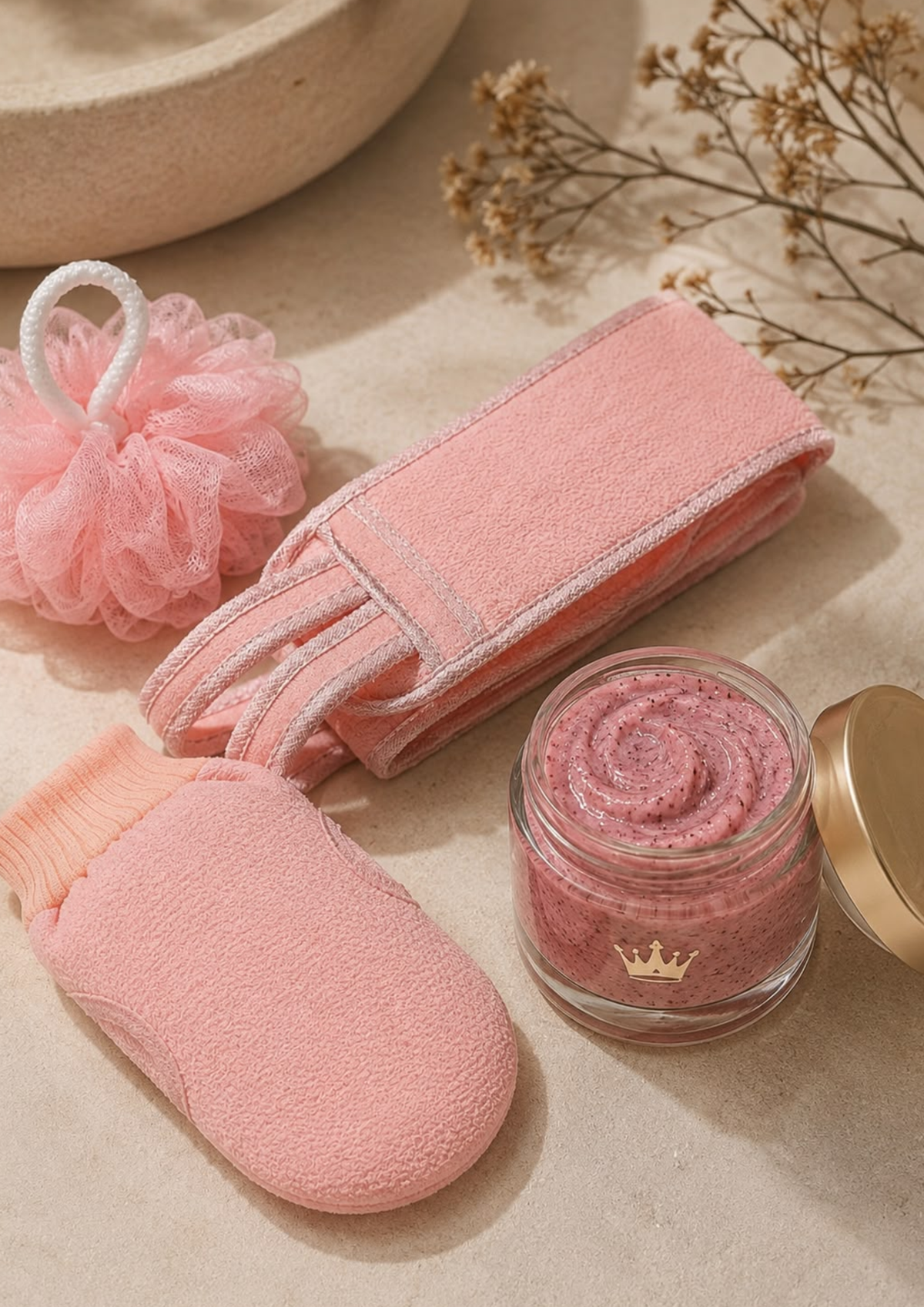 Purely Her Sanctuary Ultimate Luxury Care Set exfoliating glove, bath loofah, strap and exfoliating cream in pink