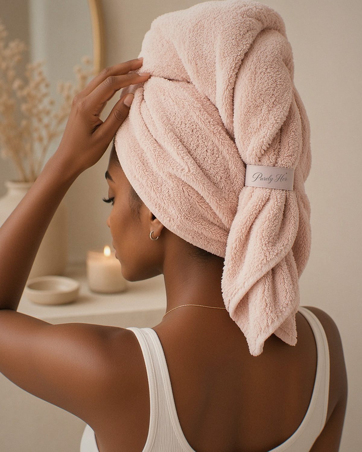 Woman adjusting a blush-pink microfibre hair towel wrap, with a lit candle on the shelf behind her