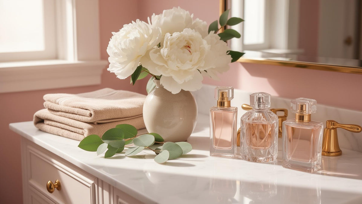 A softly lit vanity with white peonies, perfume bottles and folded towels