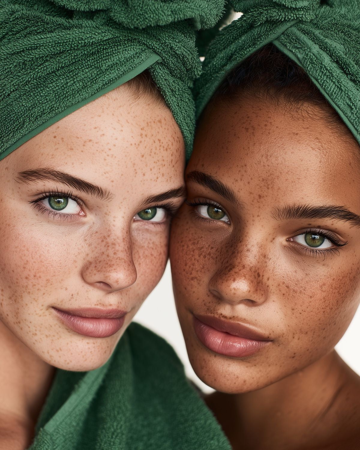 Two women with freckled, dewy skin wrapped in soft green towels after the shower