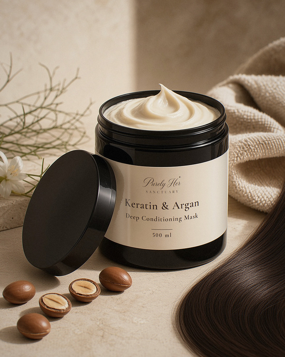 Keratin & Argan mask open tub with glossy hair