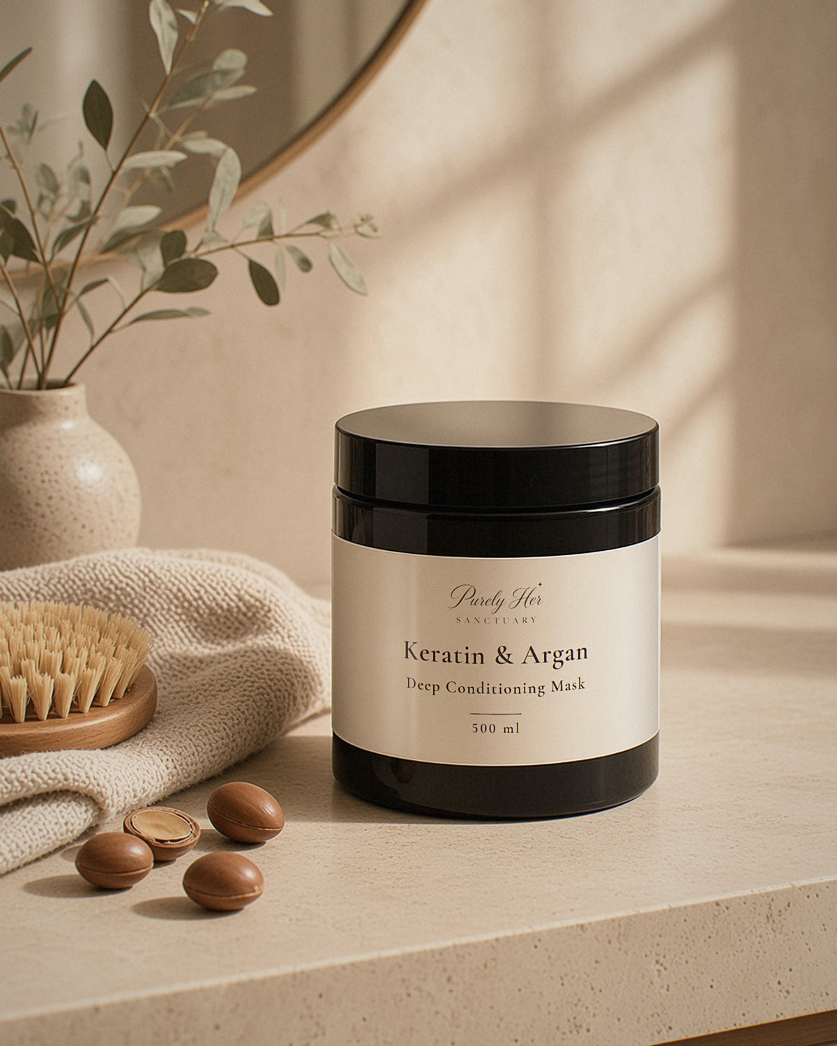 Keratin & Argan mask on a vanity