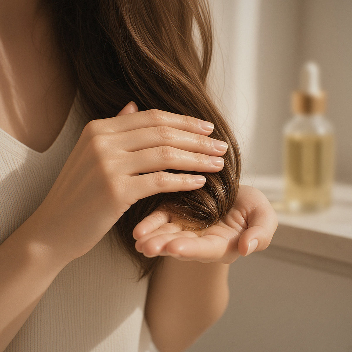 Smoothing Nourishing Hair Oil Treatment through the ends of long brown hair, with the bottle in the background