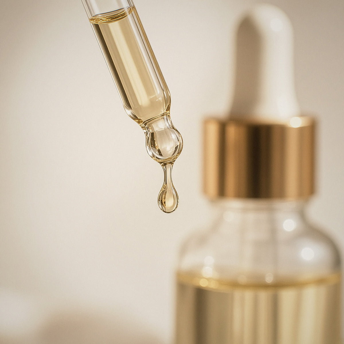 A golden drop of Nourishing Hair Oil Treatment falling from the dropper above the bottle