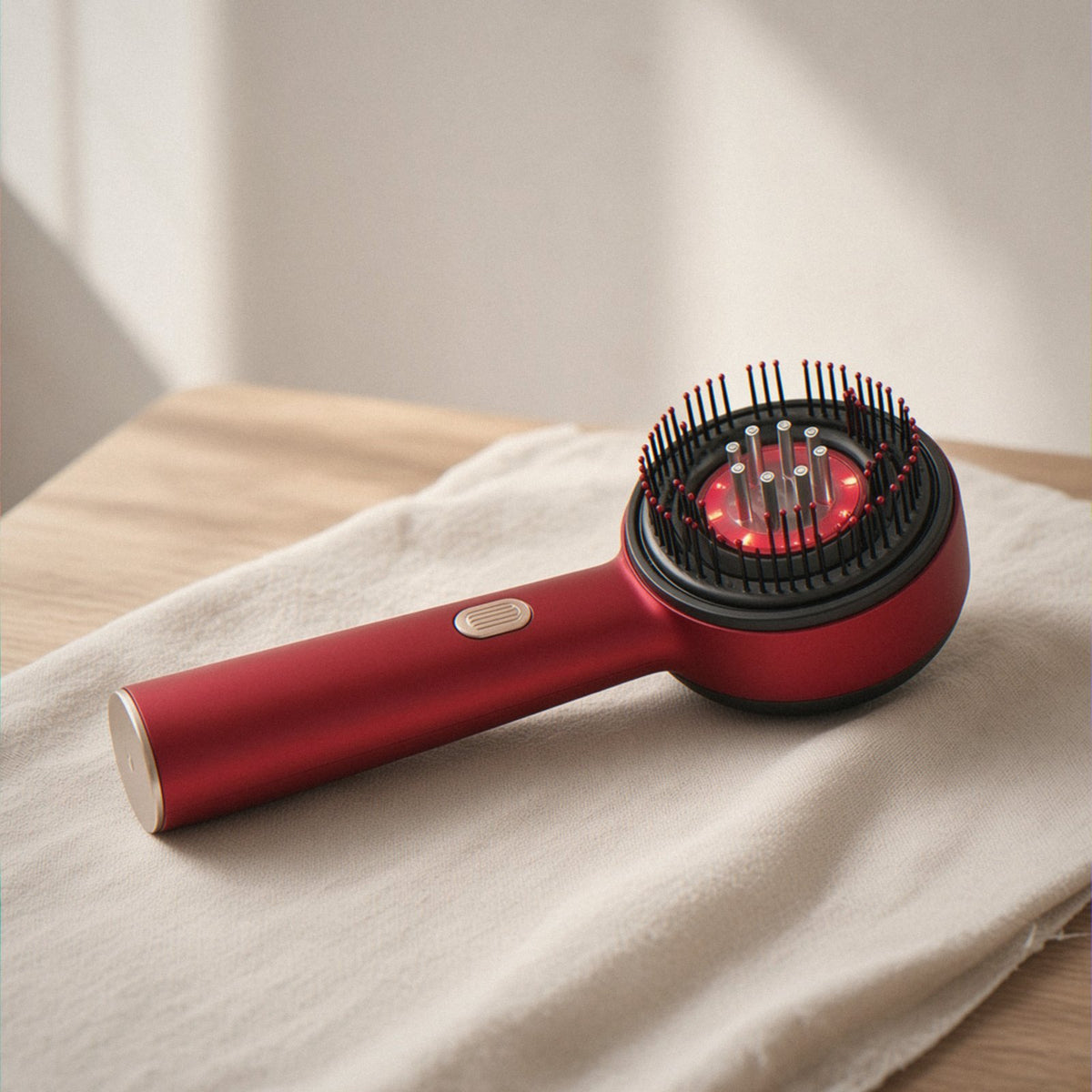 Purely Her Sanctuary 3-in-1 Red Light Scalp Massaging Brush in red metallic with rose-gold button, resting on a linen towel