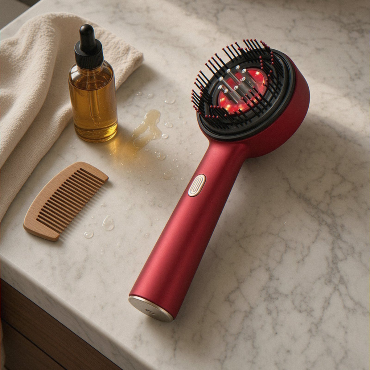 3-in-1 Red Light Scalp Massaging Brush on a marble vanity with a hair oil dropper bottle and wooden comb